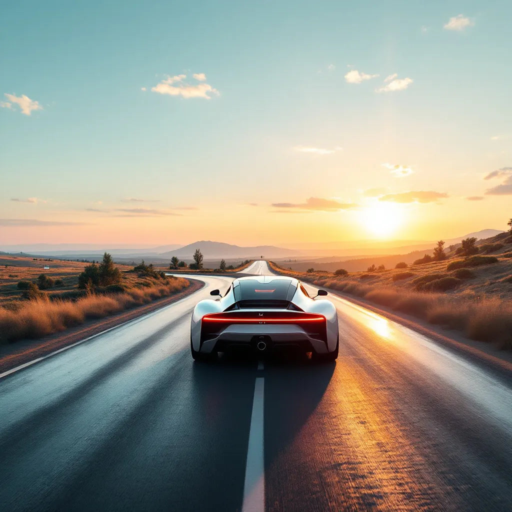 Voiture ax moderne sur route panoramique au lever du soleil