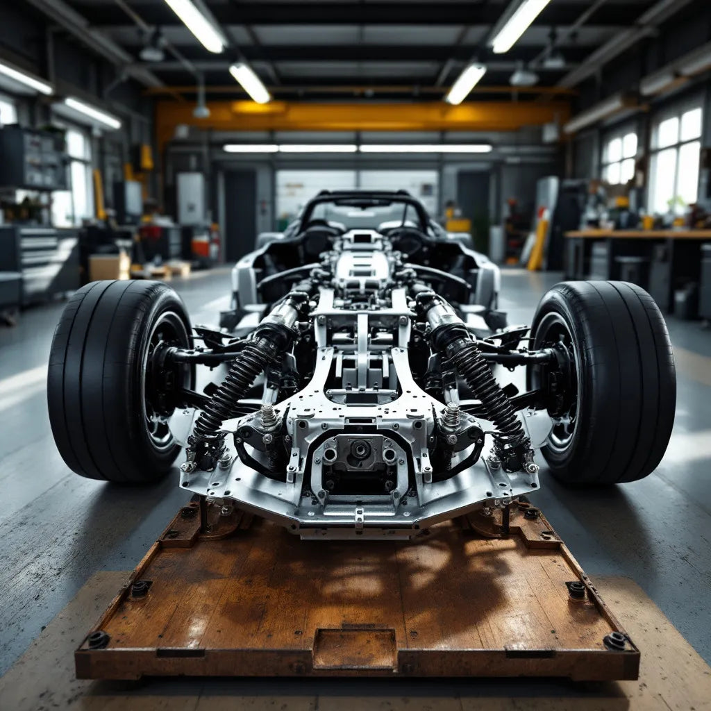 Chassis voiture détaillé montrant sa structure métallique et ses composants essentiels
