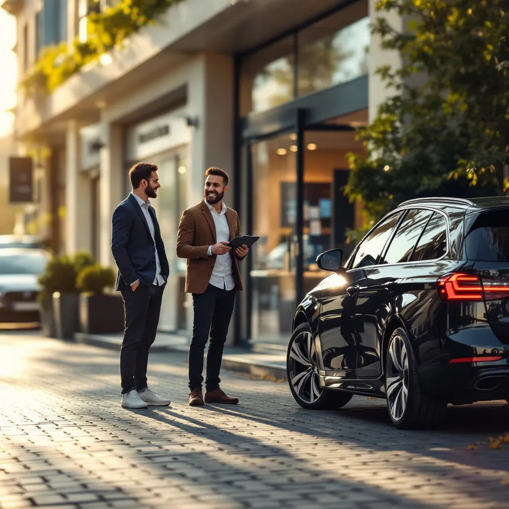 Acheteur souriant examinant une voiture occasion Luxembourg devant un concessionnaire local