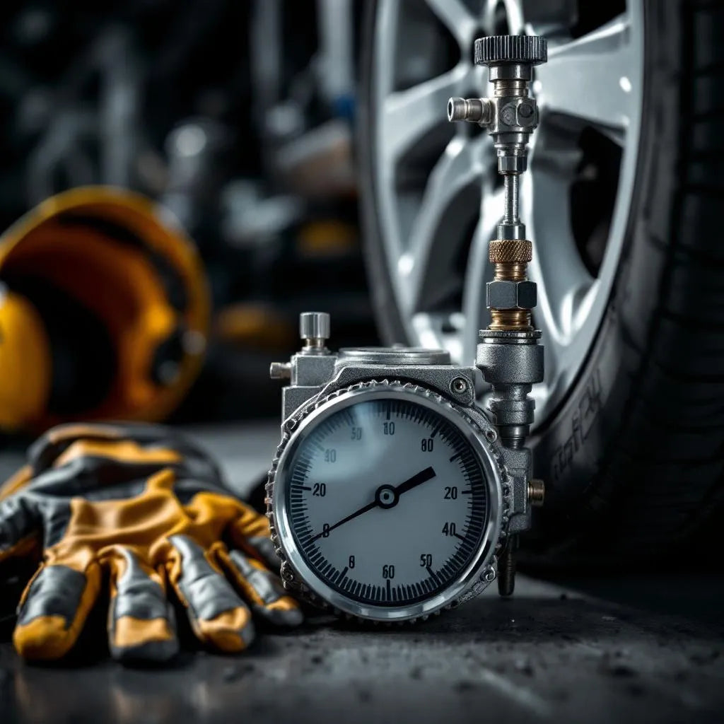 Manomètre mesurant la pression des pneus de voiture en atelier mécanique