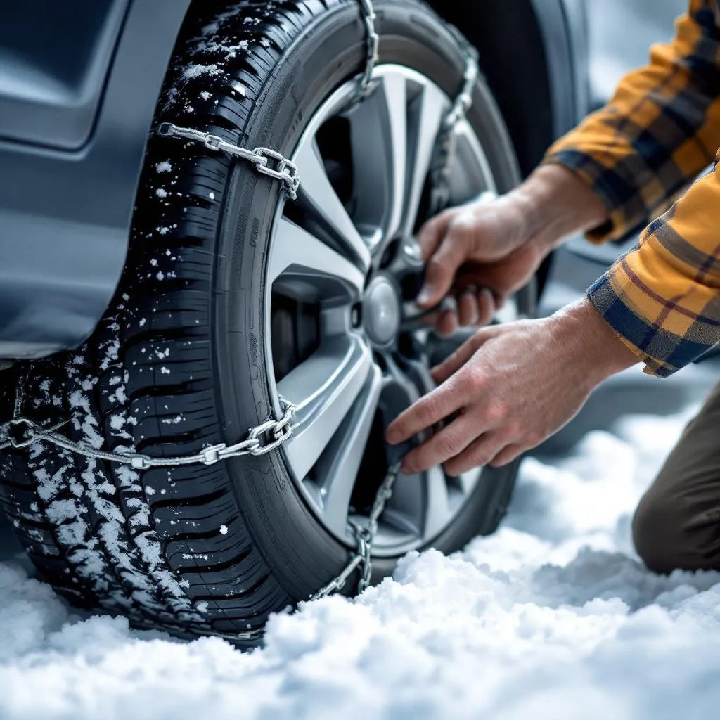 Gros plan mains posant des chaînes à neige sur une roue de voiture pour démontrer l'installation