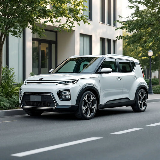 Kia Soul EV électrique rouge en milieu urbain