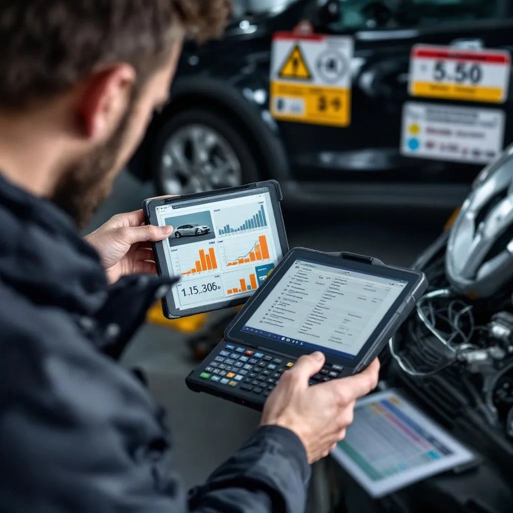 Professionnel vérifiant l'historique entretien véhicule avec des plaques d'immatriculation et des données techniques