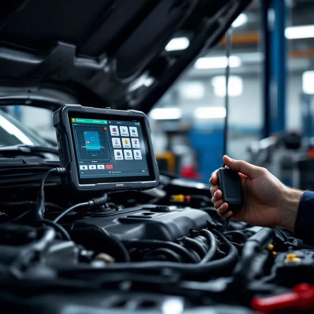 valise diagnostic auto connectée à un moteur de voiture