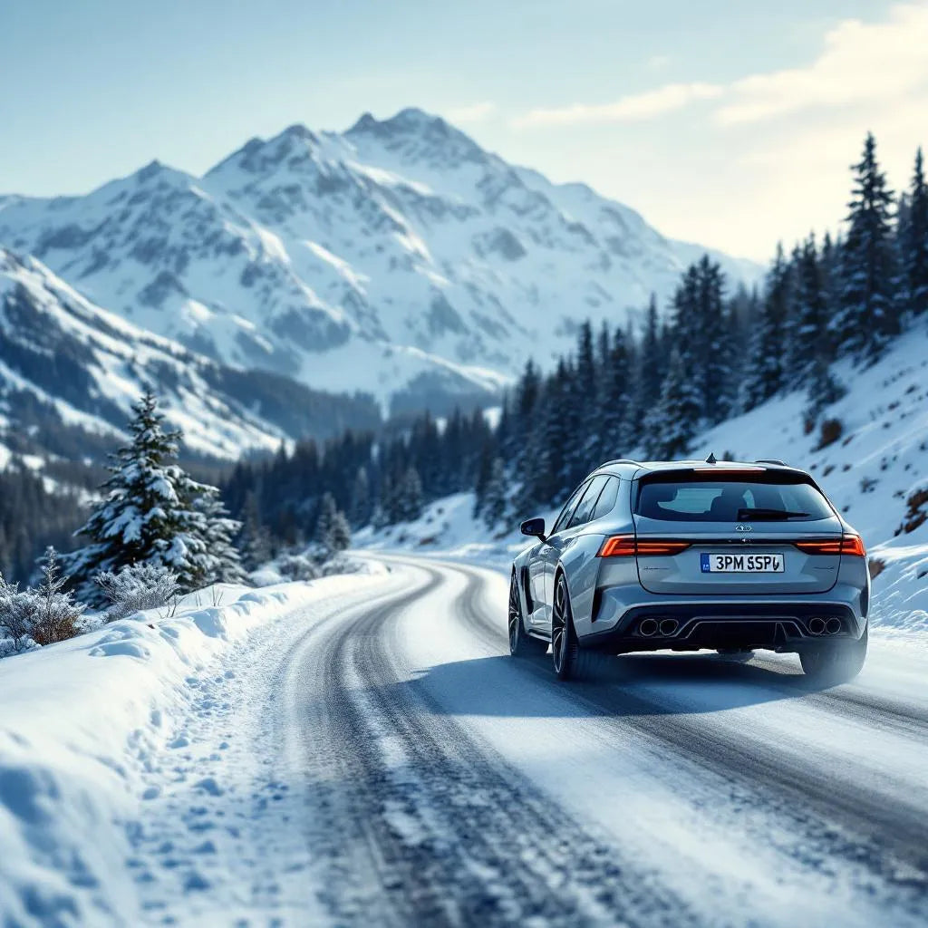 Voiture sur route alpine enneigée illustrant la Loi Montagne et l'obligation des pneus 3PMSF
