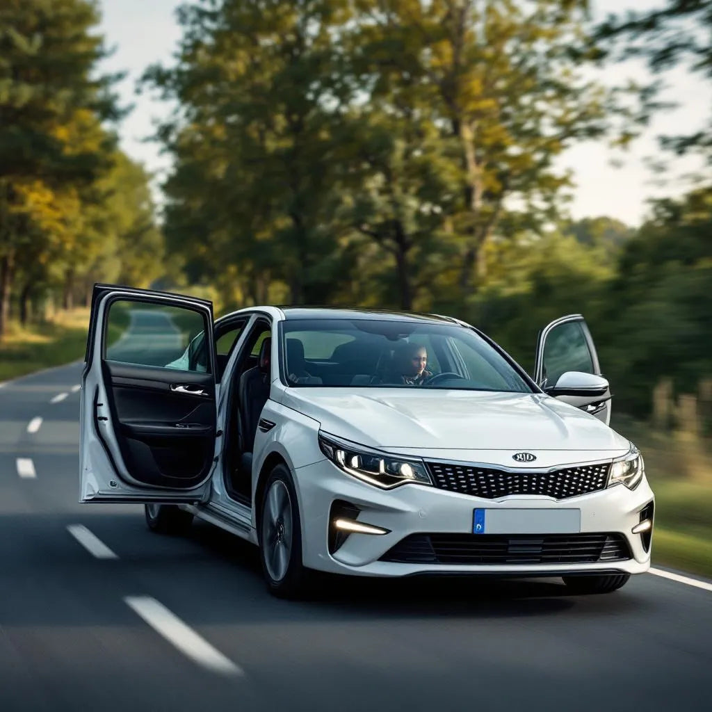 Kia Optima Diesel 1.7 CRDi 141 garée sur une route de campagne, porte ouverte