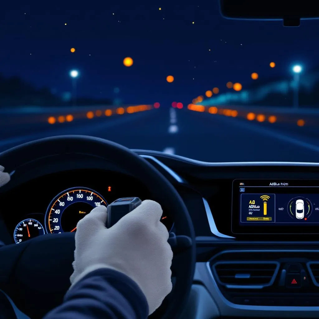 Tableau de bord de voiture avec voyant AdBlue clignotant et main de mécanicien utilisant un outil de diagnostic