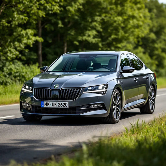 Skoda Superb II Diesel 2.0 TDI grise sur route de campagne