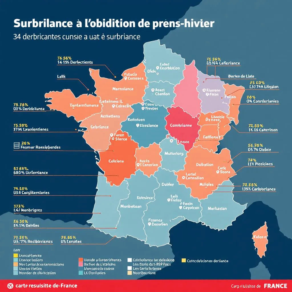 Carte de France avec les 34 départements concernés par l'obligation des pneus hiver surlignés