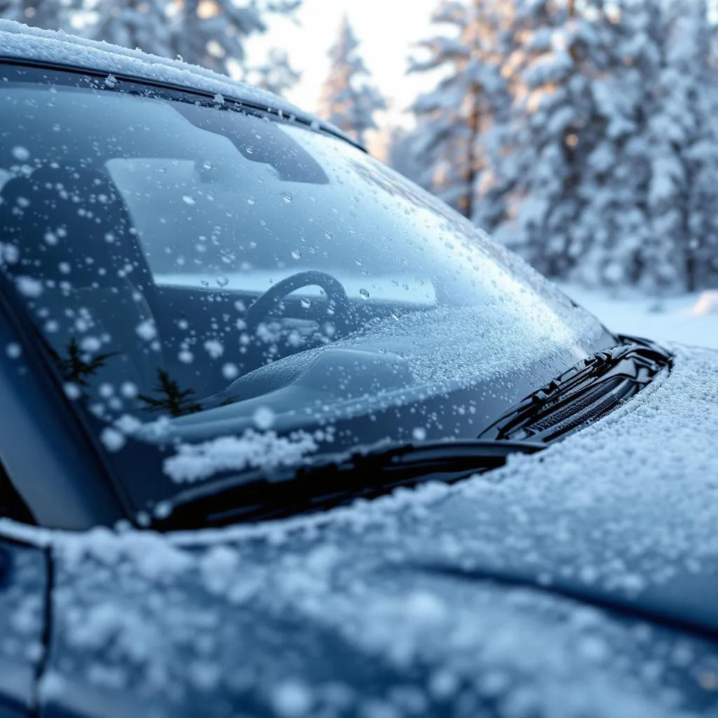 Grattoir en action sur un pare-brise givré pour enlever le givre sans le rayer