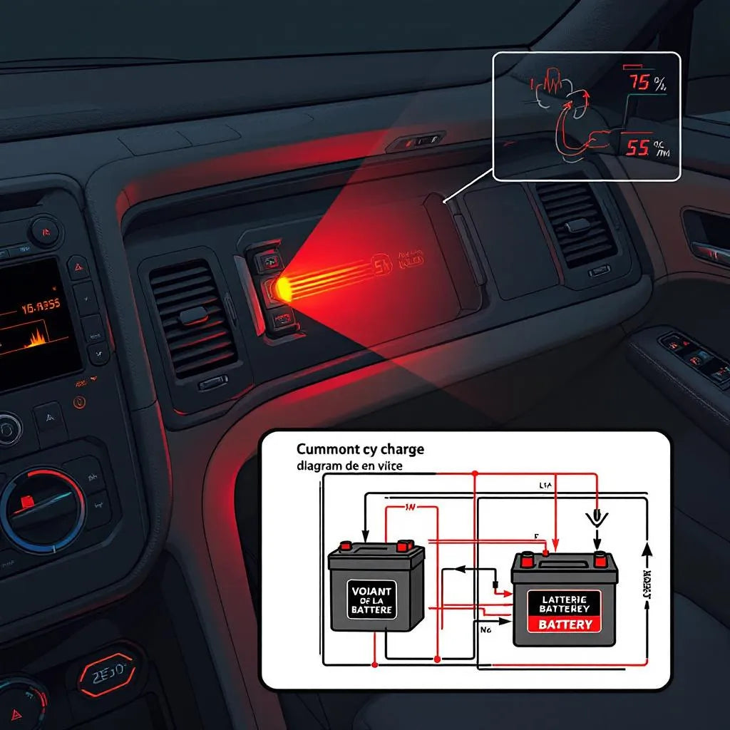 Tableau de bord de voiture avec voyant de batterie allumé et diagramme du circuit de charge