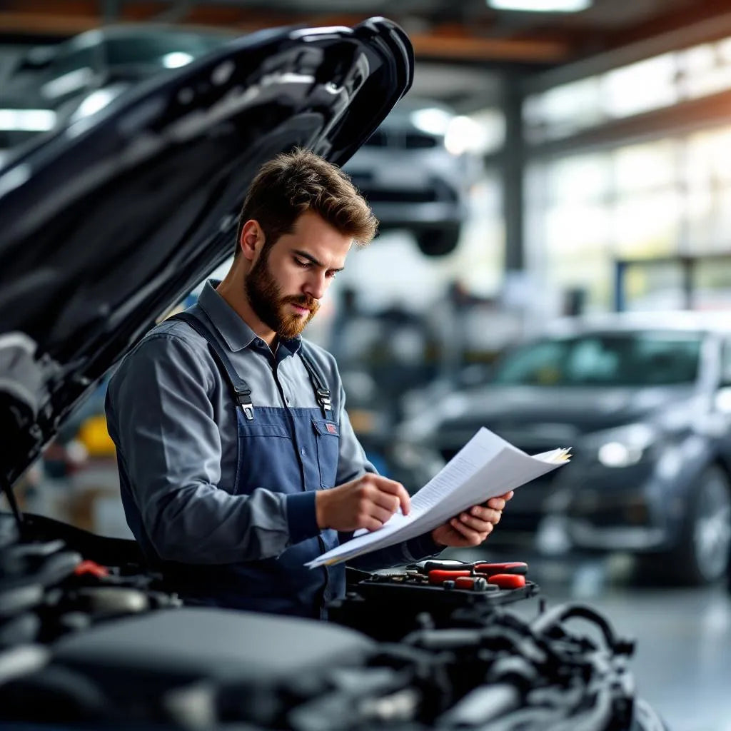 Mécanicien consultant un carnet entretien voiture dans un atelier automobile