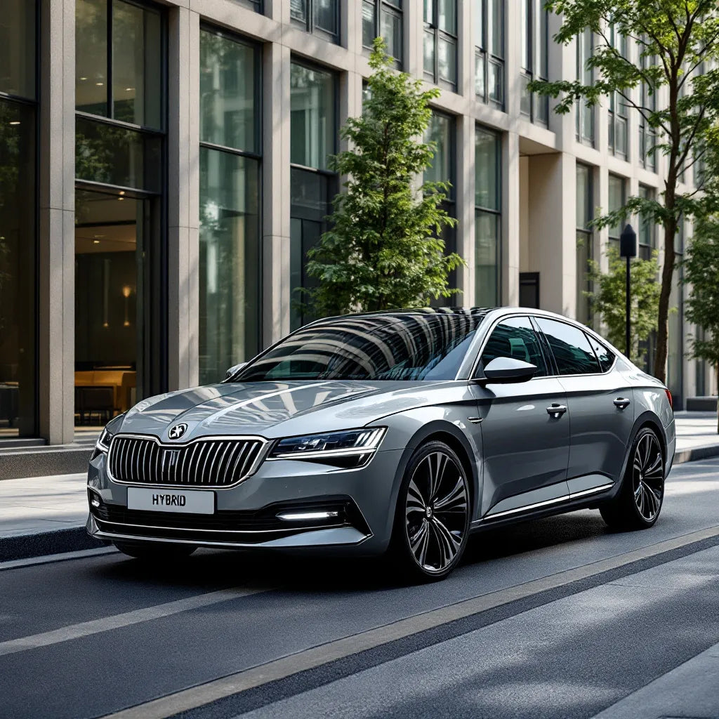 Skoda Superb III iV Hybride 1.4 TSI garée en ville