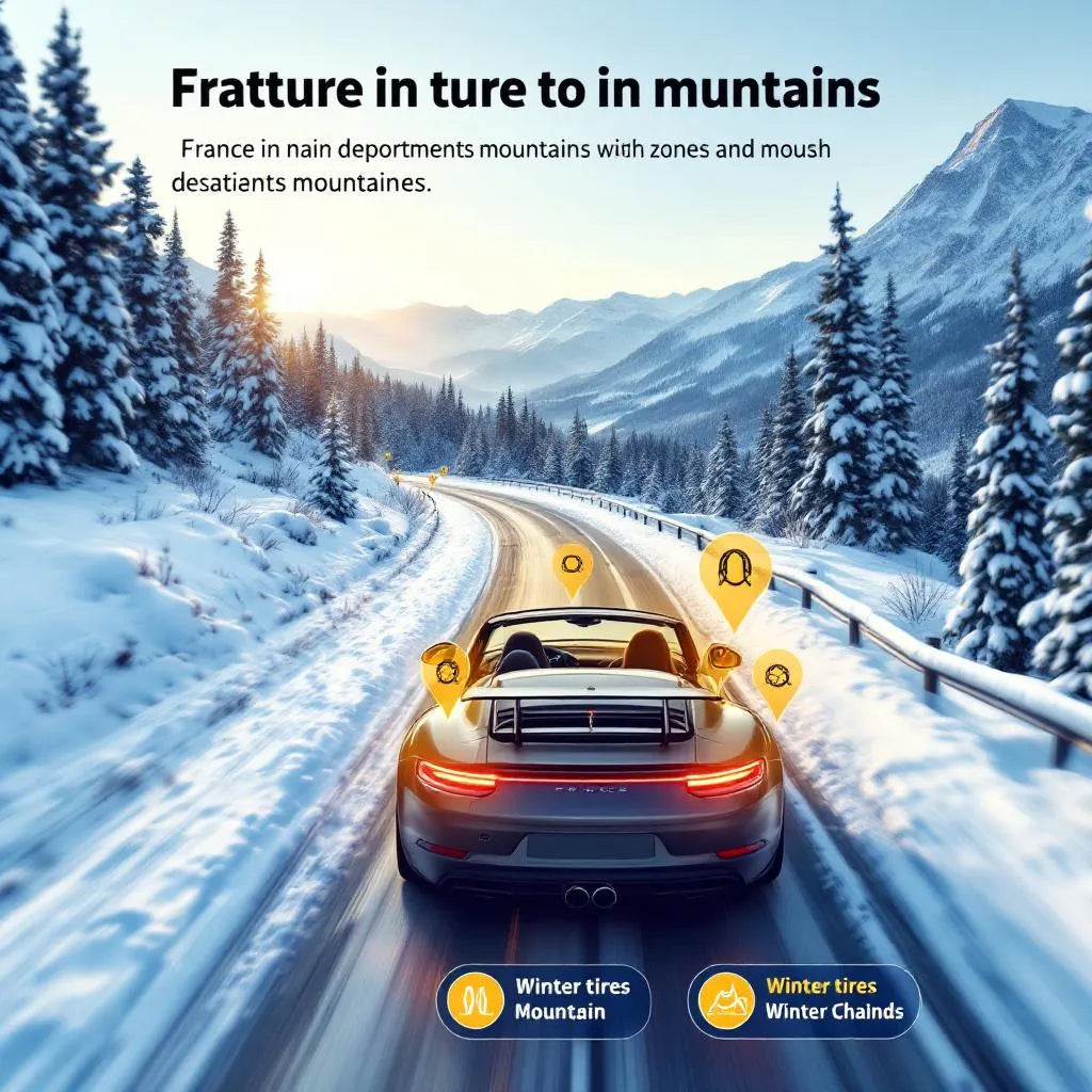 Carte des départements français concernés par la Loi Montagne et voiture sur route enneigée avec pneus hiver